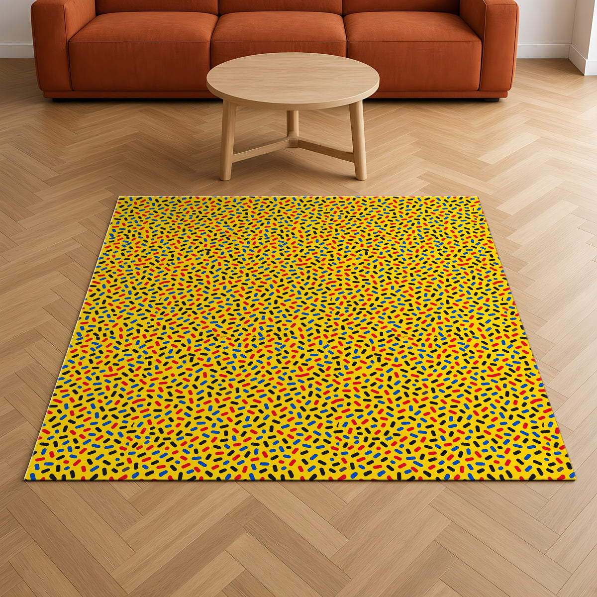 Sprinkle Pop Outdoor Rug on a herringbone wood floor in a living room