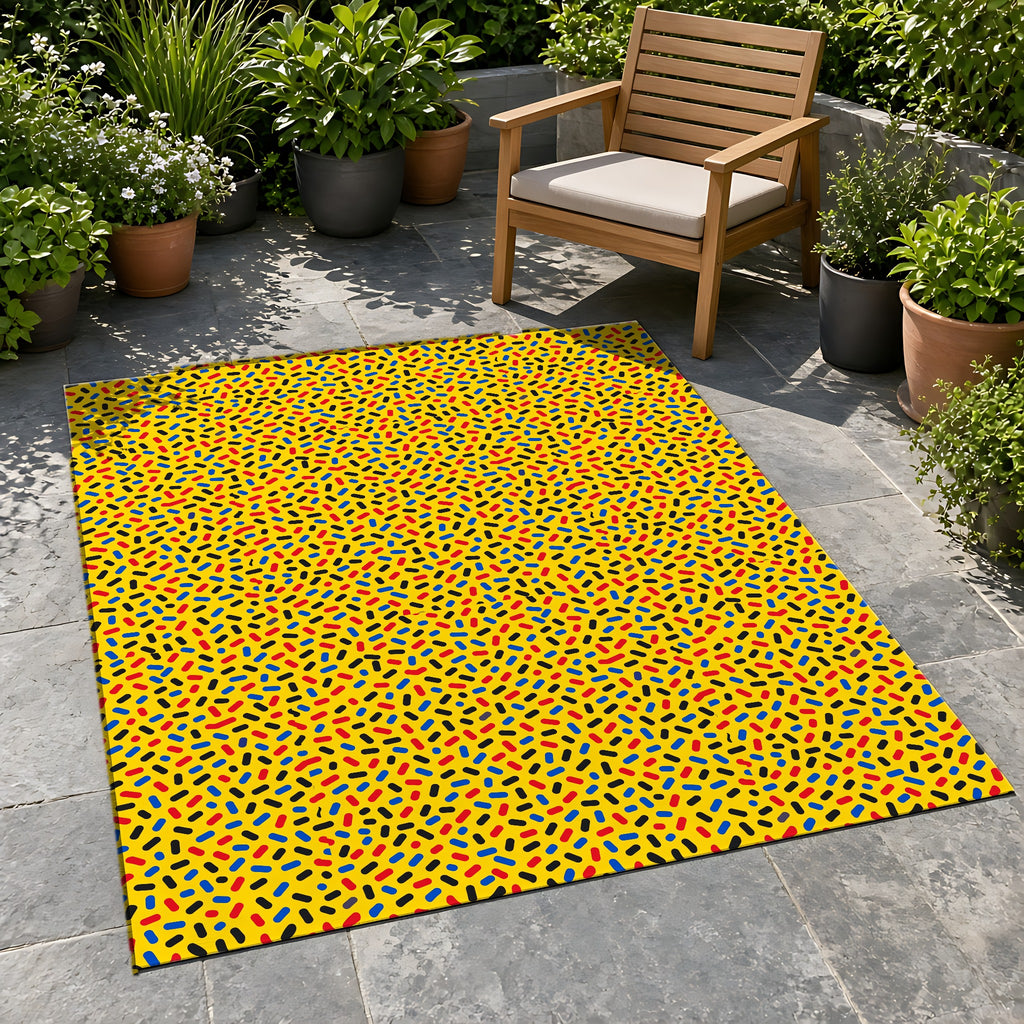 Sprinkle Pop Outdoor Rug on a stone patio with potted plants