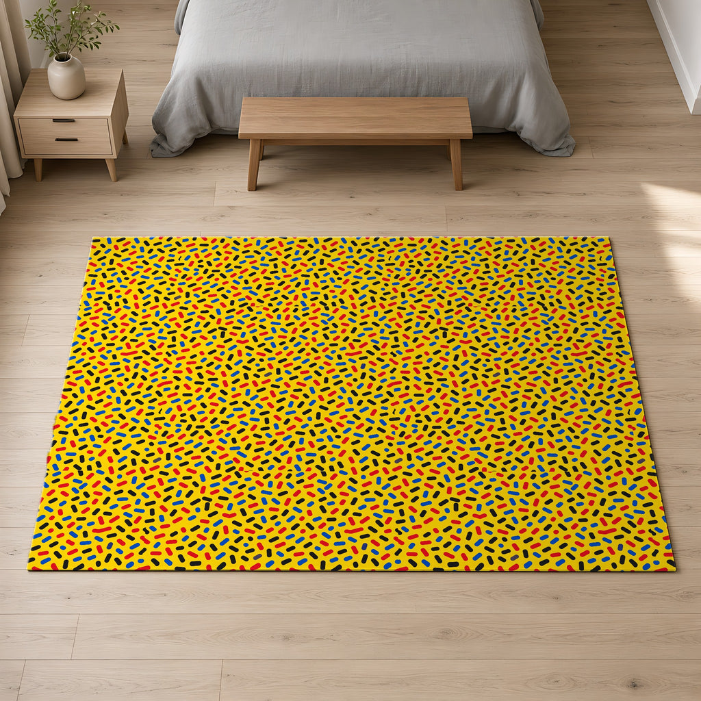 Sprinkle Pop Outdoor Rug on a pale oak floor in a calm bedroom