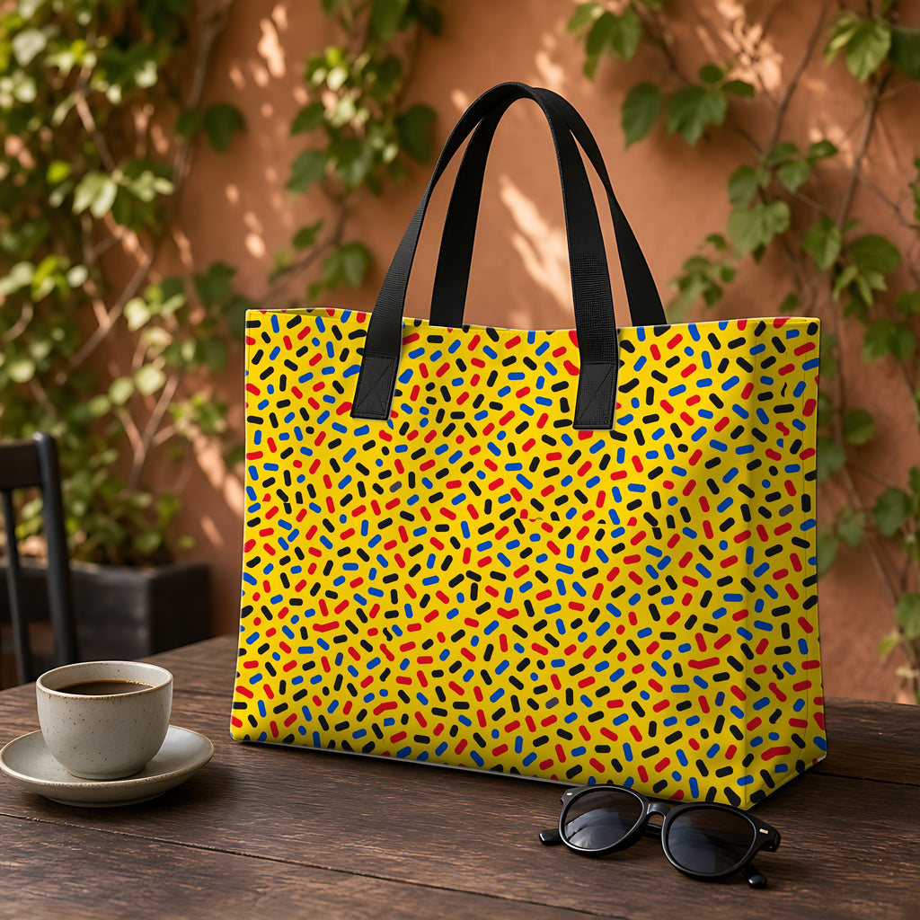 Sprinkle Pop Weekender Tote Bag on a garden café table