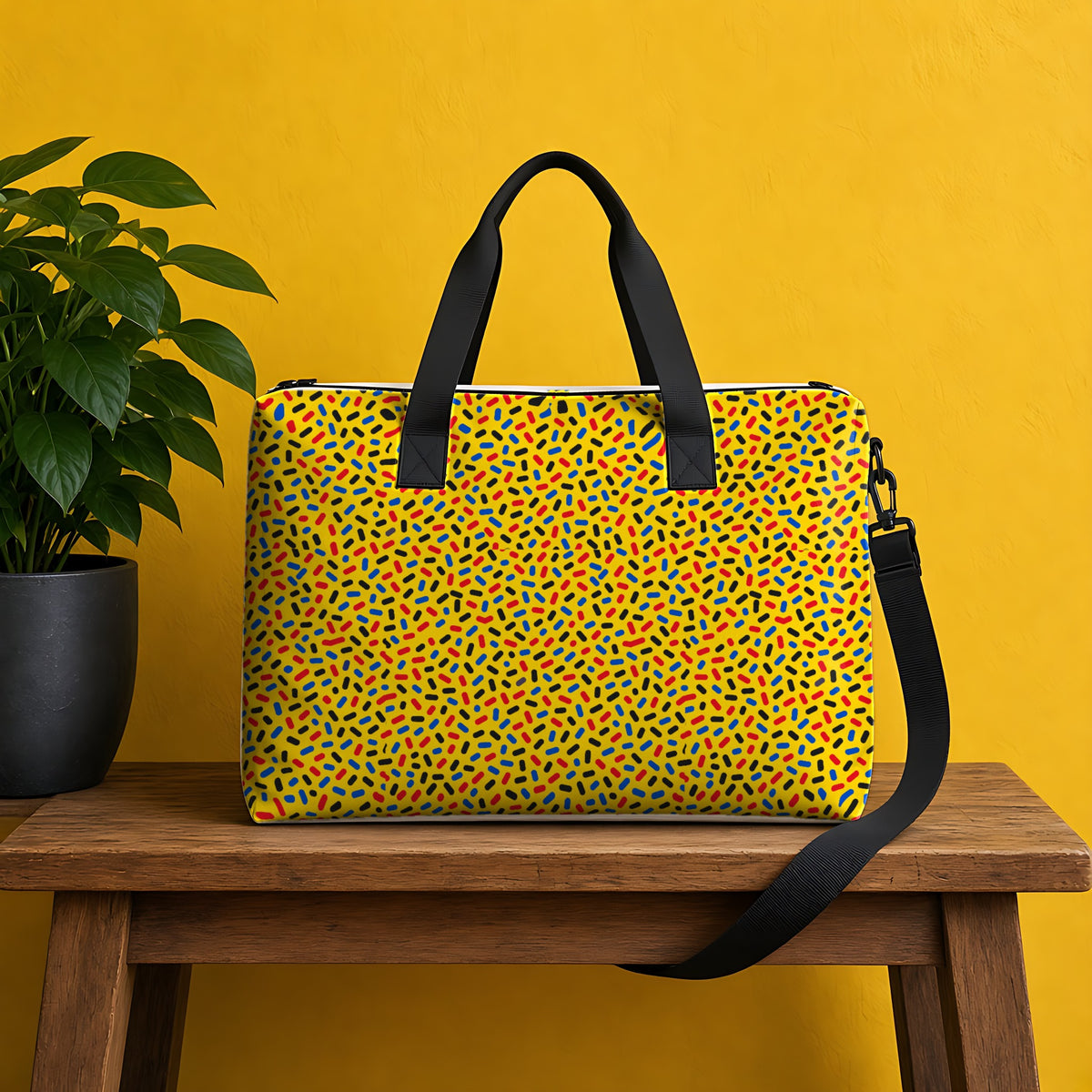 Sprinkle Pop weekender tote bag in the Primary Pop palette, on a wooden bench against a mustard wall