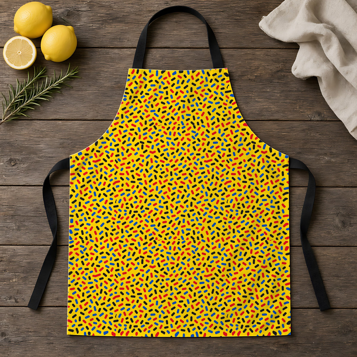 Sprinkle Pop Apron laid flat on a rustic wooden table