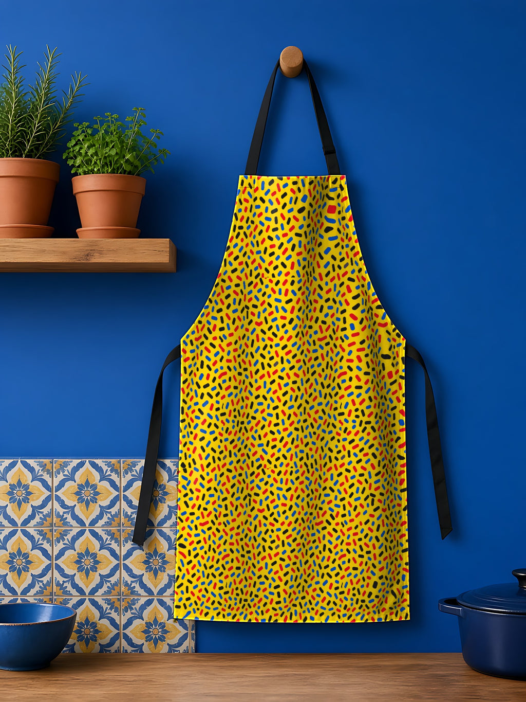 Sprinkle Pop apron in the Primary Pop palette, hanging against a cobalt-blue kitchen wall