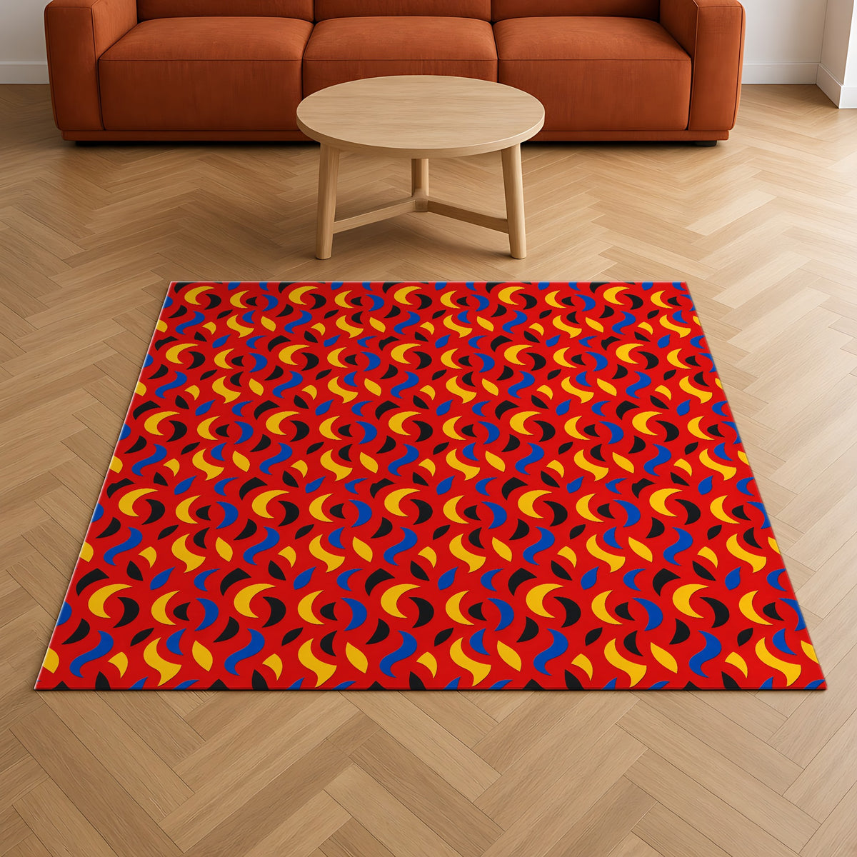 Swoosh Cutouts Outdoor Rug on a herringbone wood floor in a living room