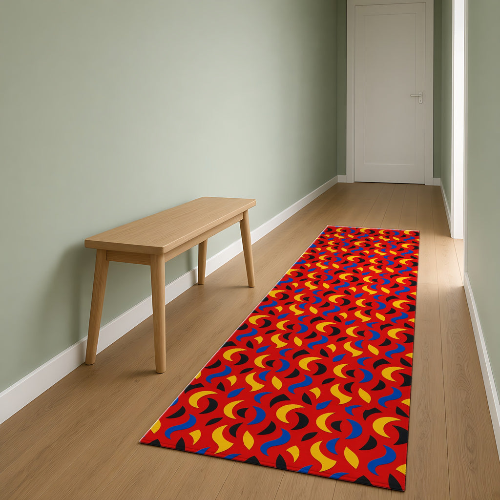 Swoosh Cutouts Outdoor Rug as a runner in a sage-green hallway