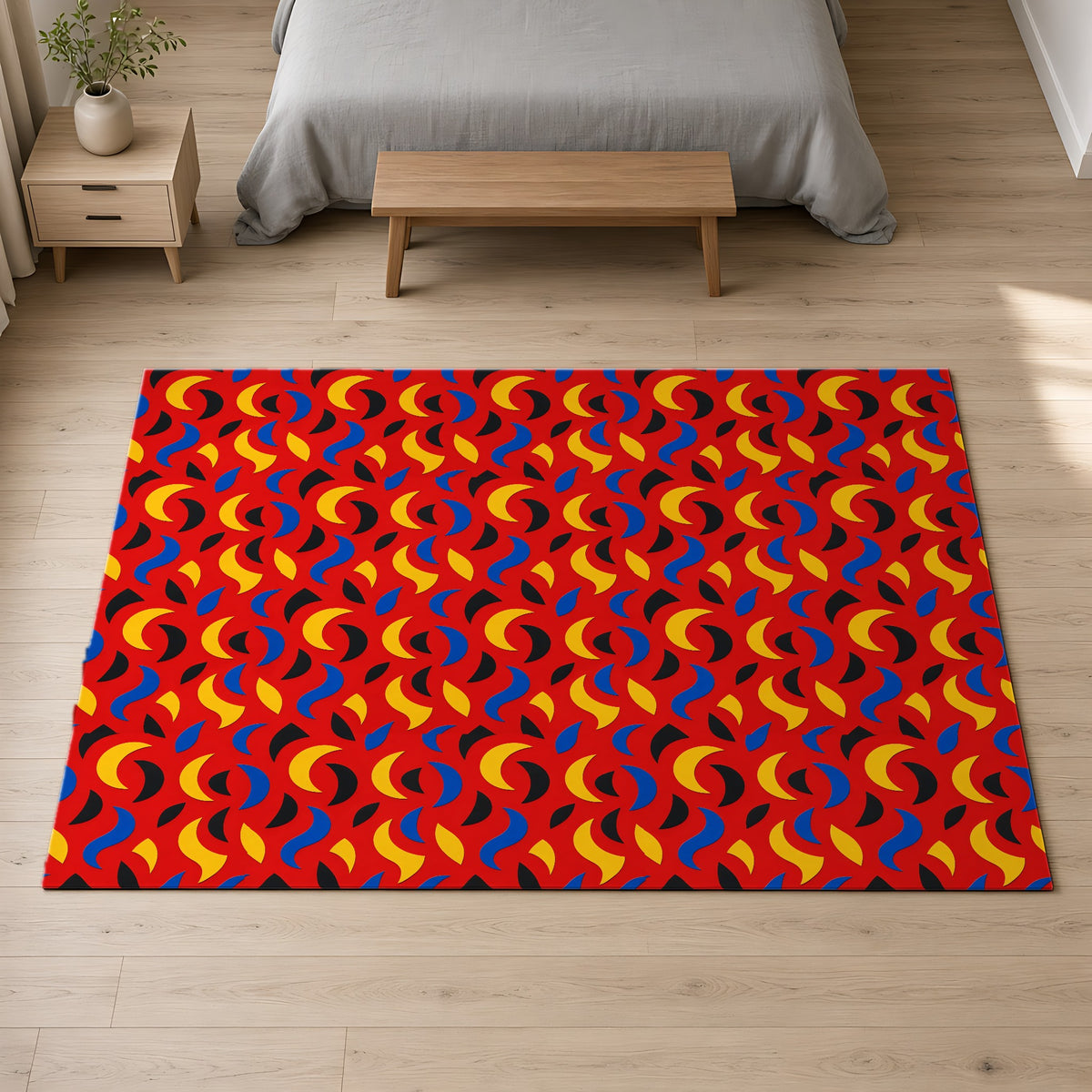 Swoosh Cutouts Outdoor Rug on a pale oak floor in a calm bedroom