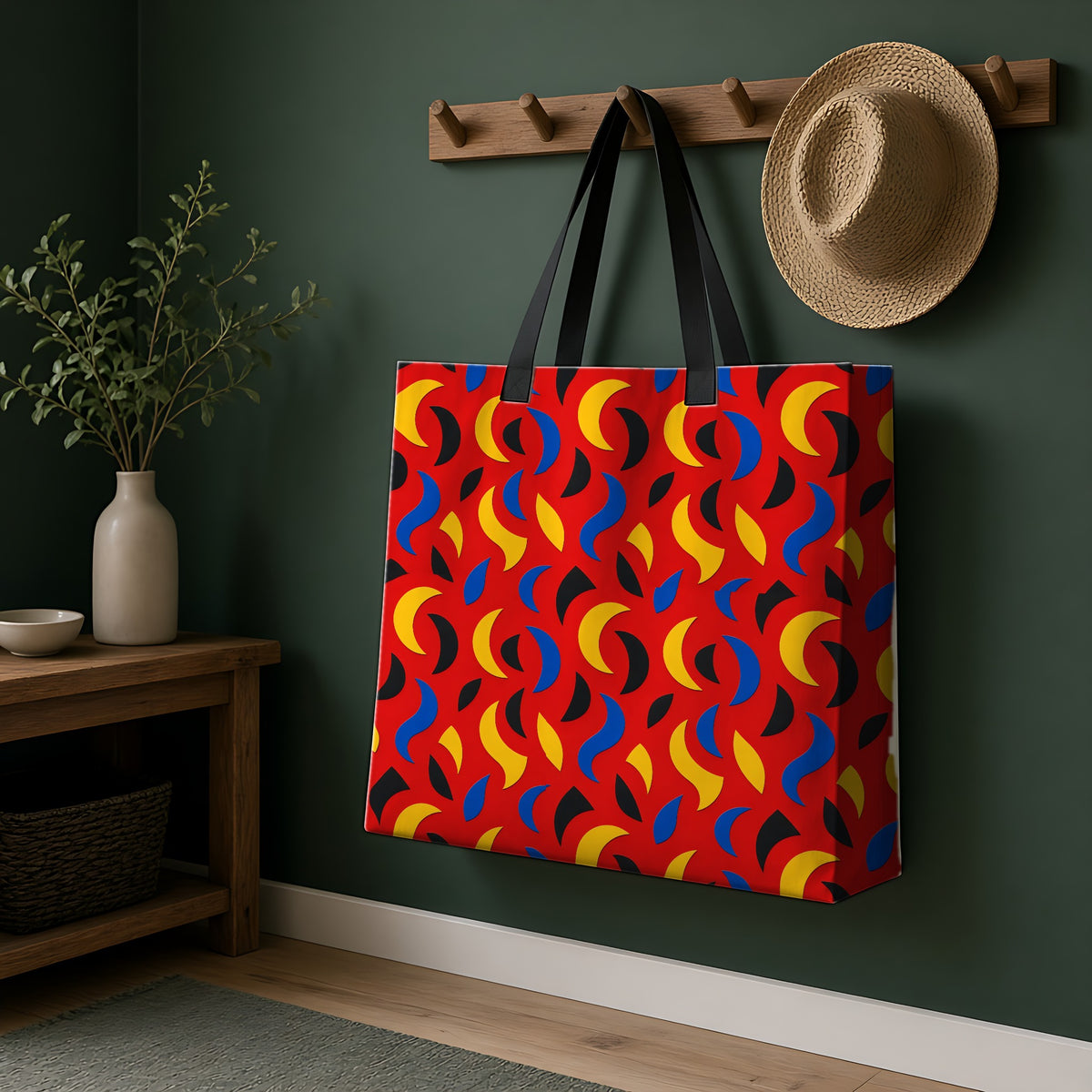 Swoosh Cutouts Weekender Tote Bag hanging on a peg rail in a green hallway