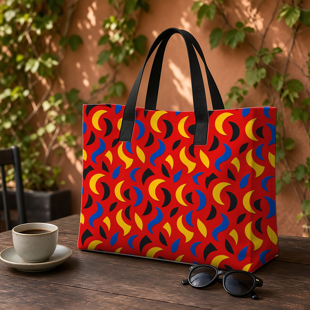 Swoosh Cutouts Weekender Tote Bag on a garden café table