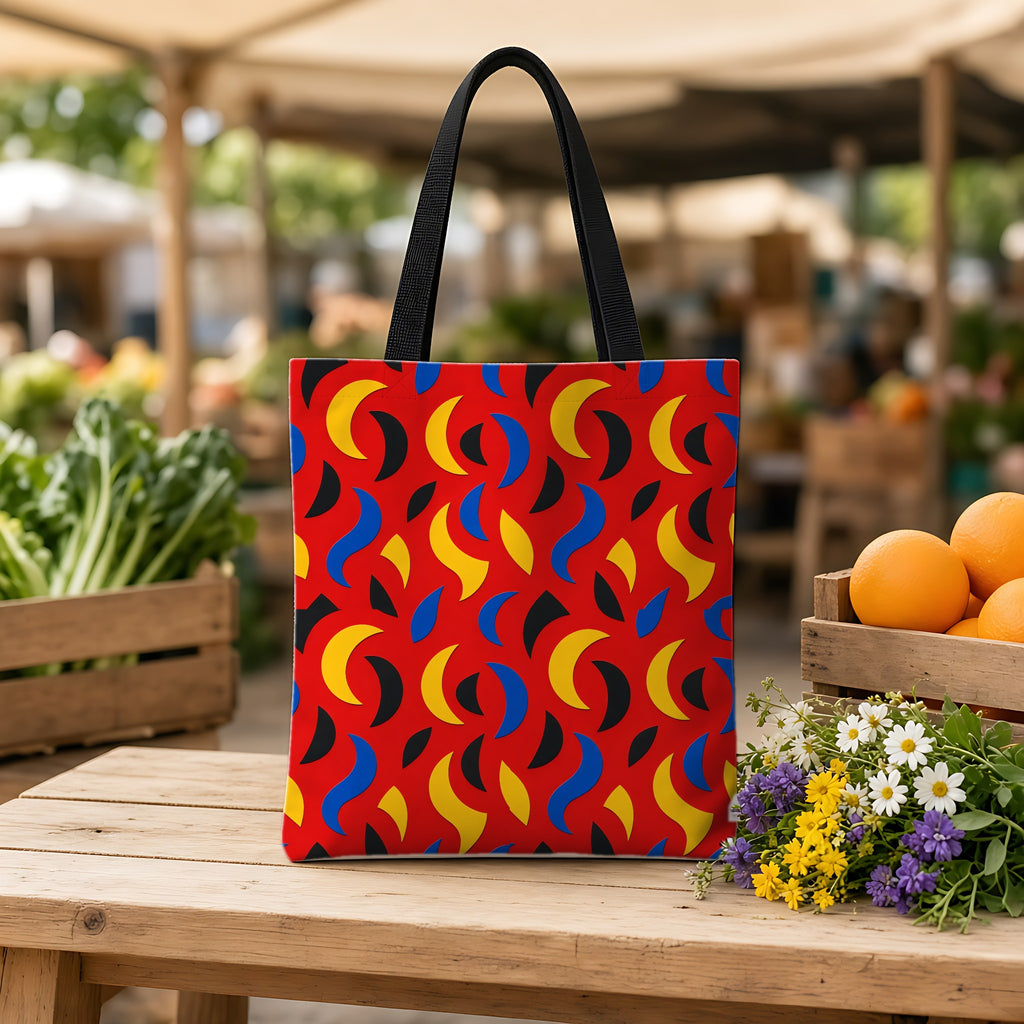 Swoosh Cutouts Weekender Tote Bag on a wooden bench at a farmers market