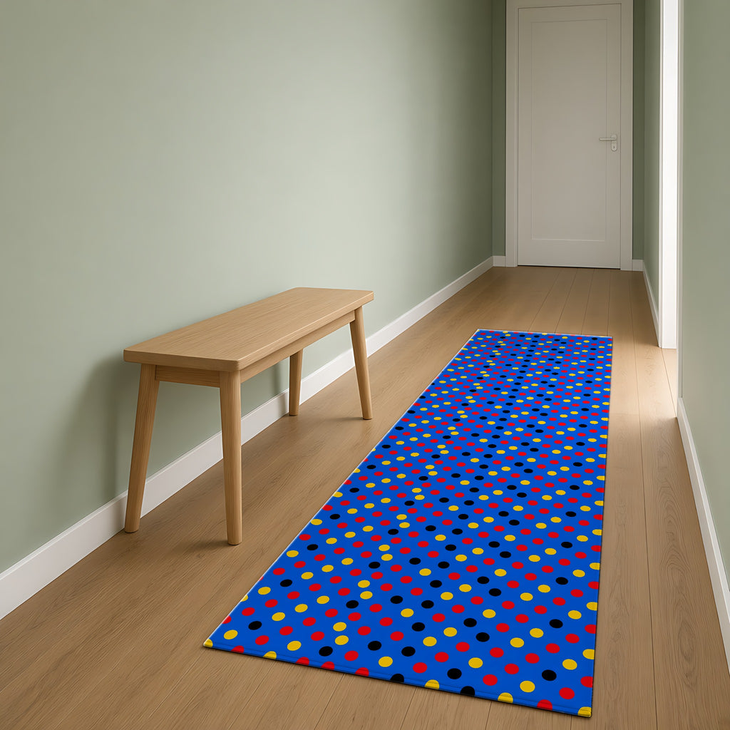 Dot Scatter Blue Outdoor Rug as a runner in a sage-green hallway