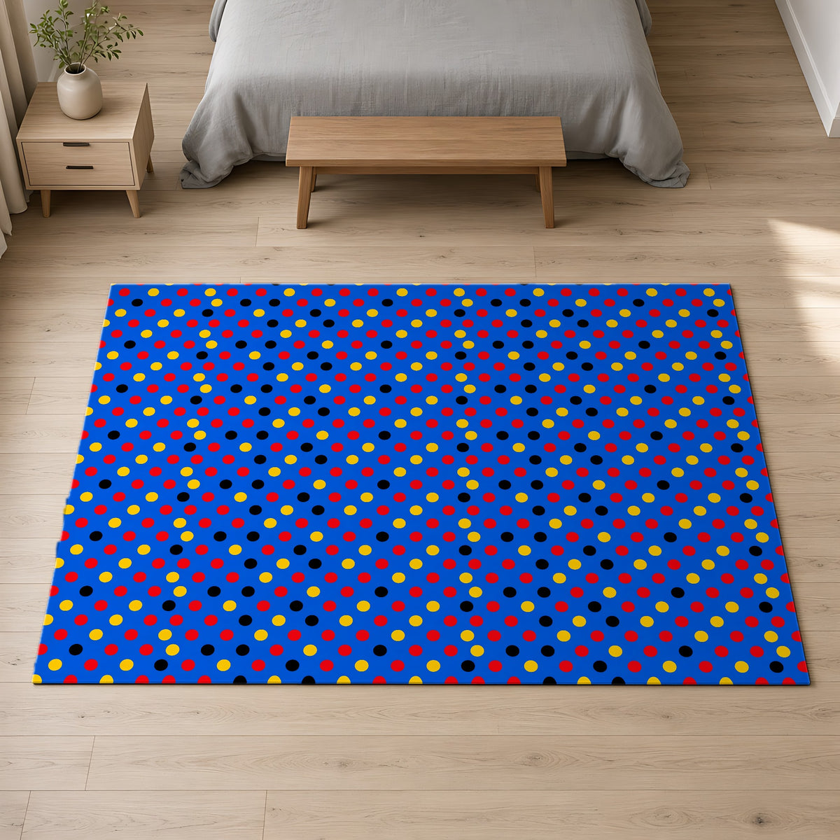 Dot Scatter Blue Outdoor Rug on a pale oak floor in a calm bedroom