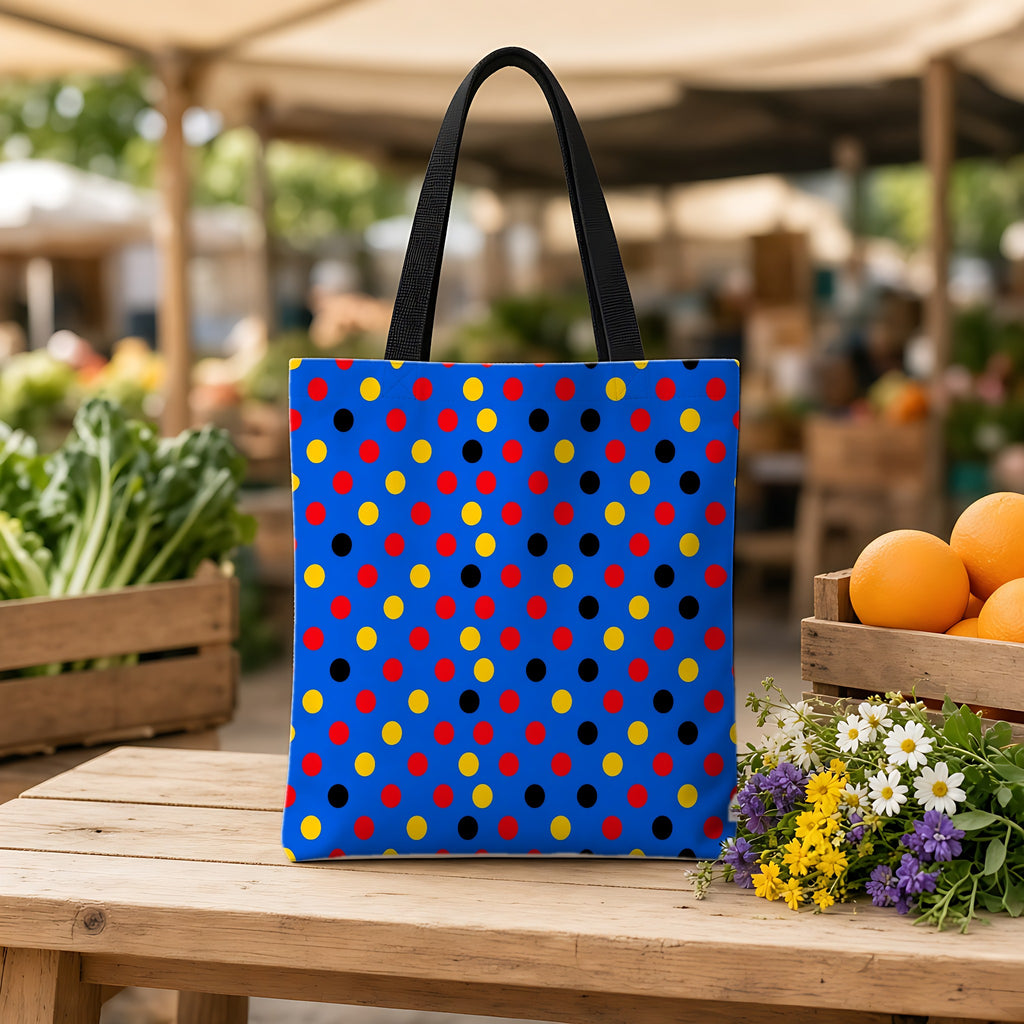Dot Scatter Blue Weekender Tote Bag on a wooden bench at a farmers market