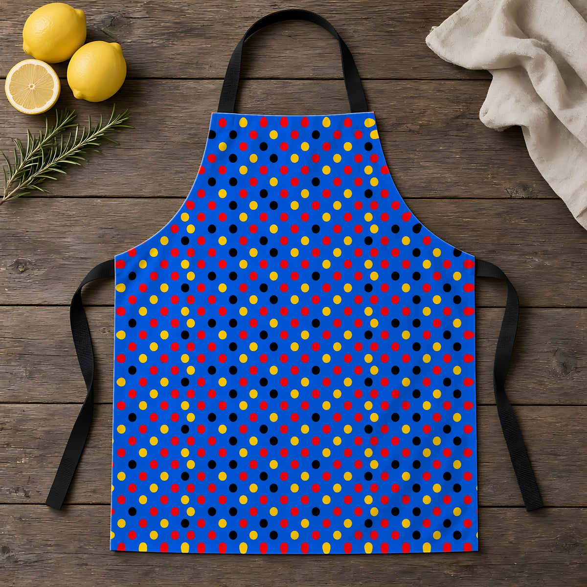 Dot Scatter Blue Apron laid flat on a rustic wooden table