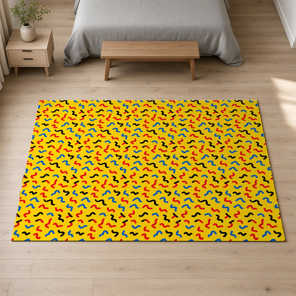 Squiggle Strokes Yellow Outdoor Rug on a pale oak floor in a calm bedroom