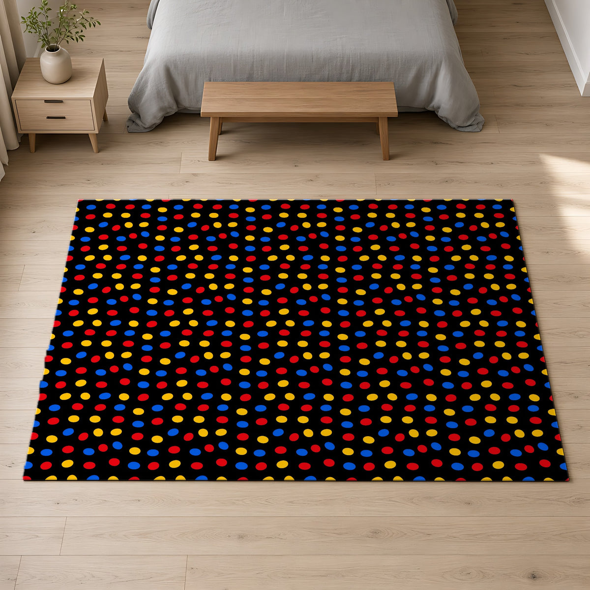 Pebble Scatter Black Outdoor Rug on a pale oak floor in a calm bedroom