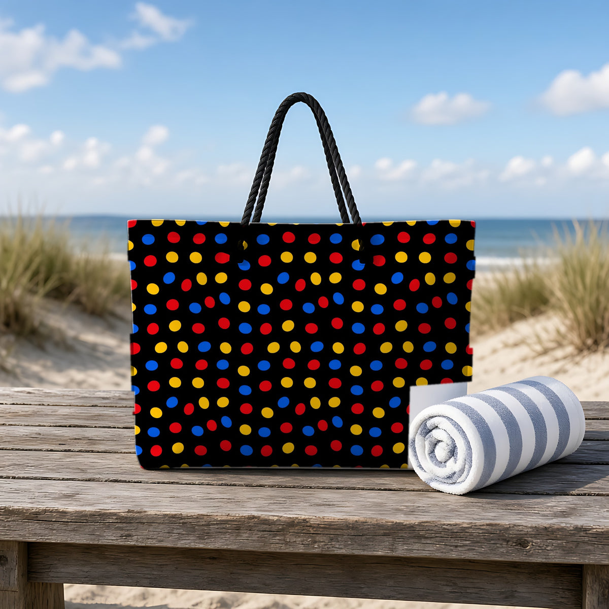 Pebble Scatter Black Weekender Tote Bag on a rustic table by the beach