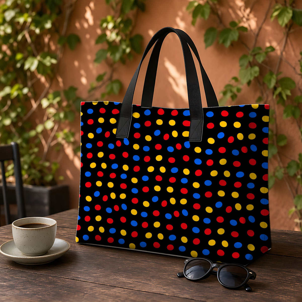 Pebble Scatter Black Weekender Tote Bag on a garden café table
