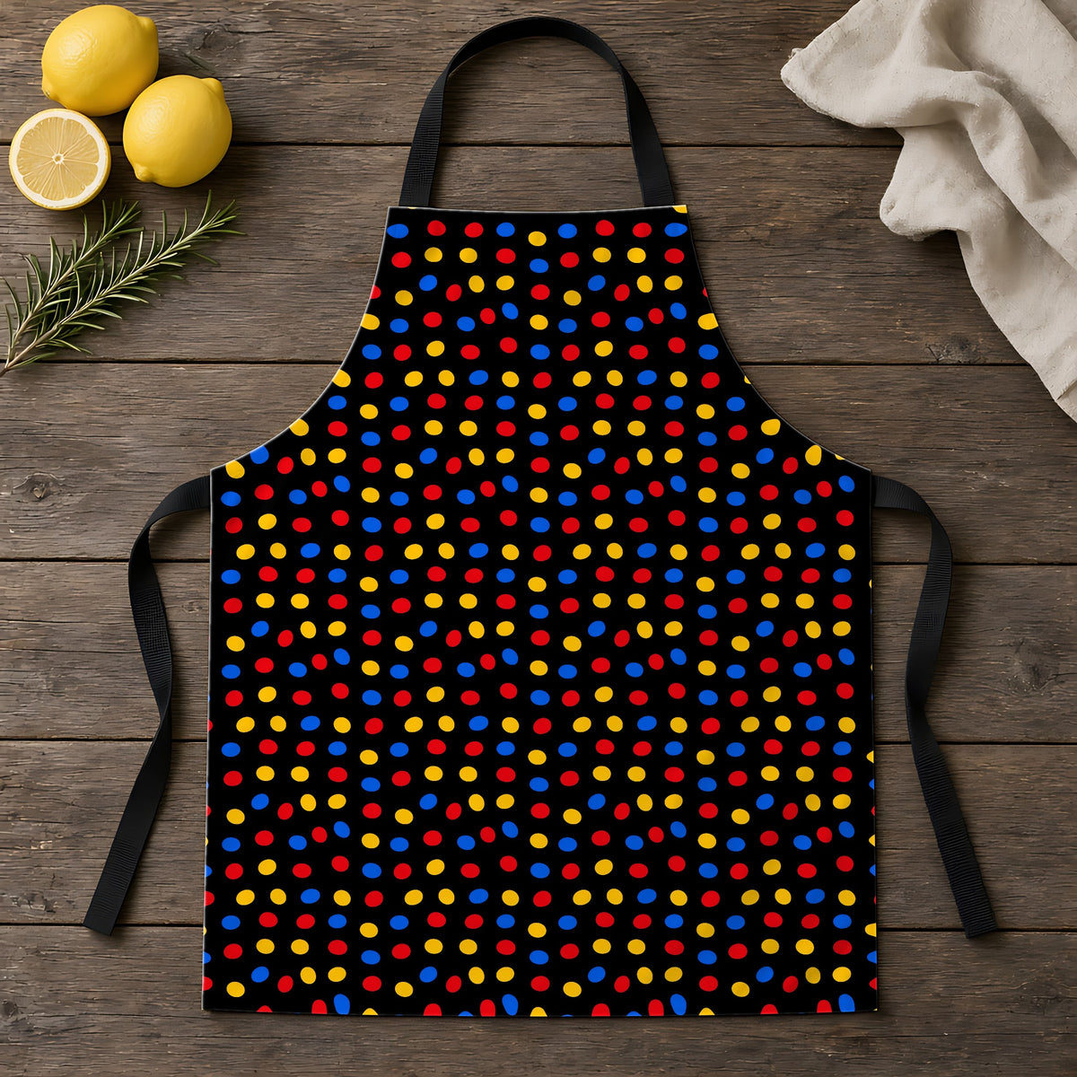 Pebble Scatter Black Apron laid flat on a rustic wooden table