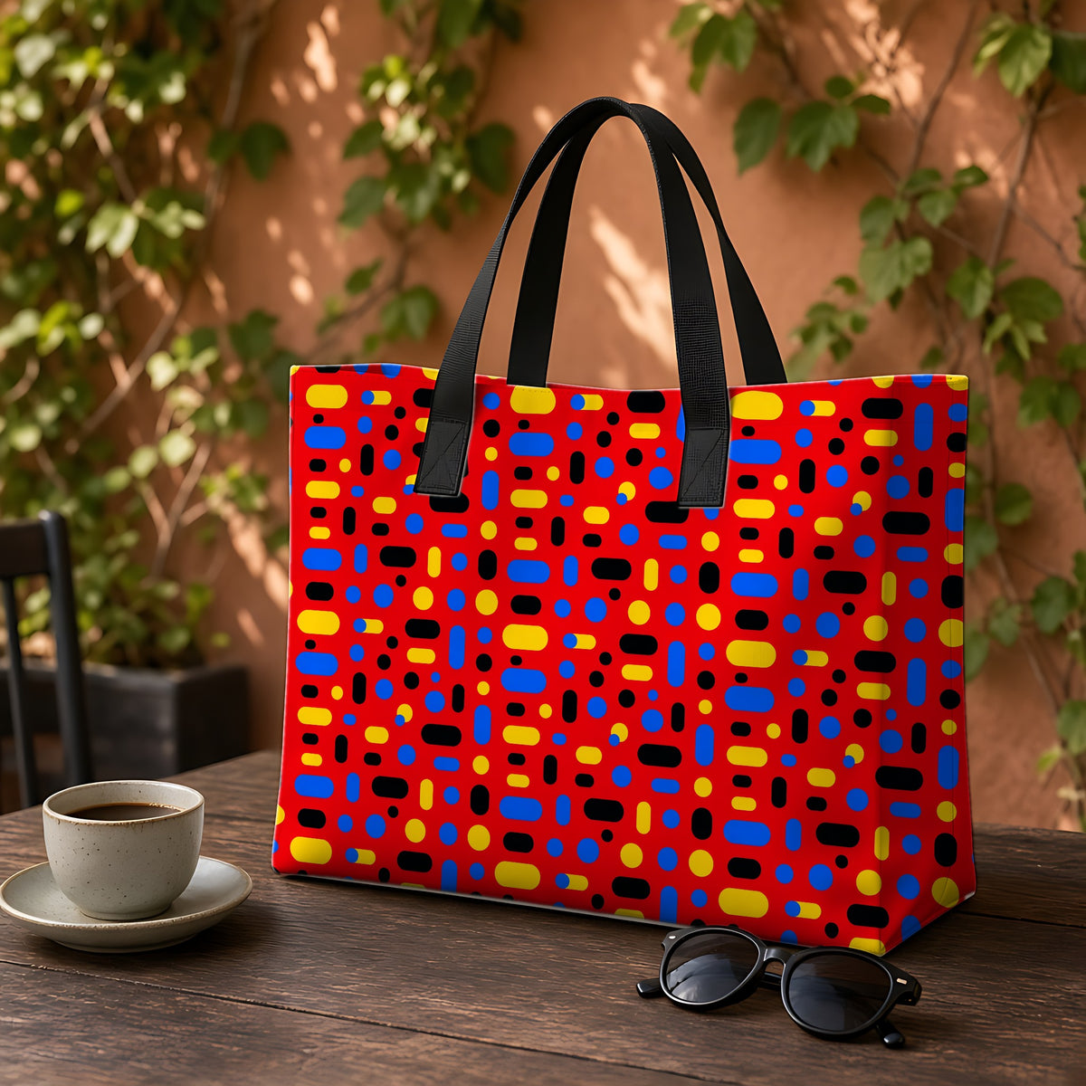 Confetti Dash Red Weekender Tote Bag on a garden café table