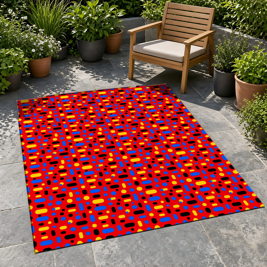 Confetti Dash Red Outdoor Rug on a stone patio with potted plants