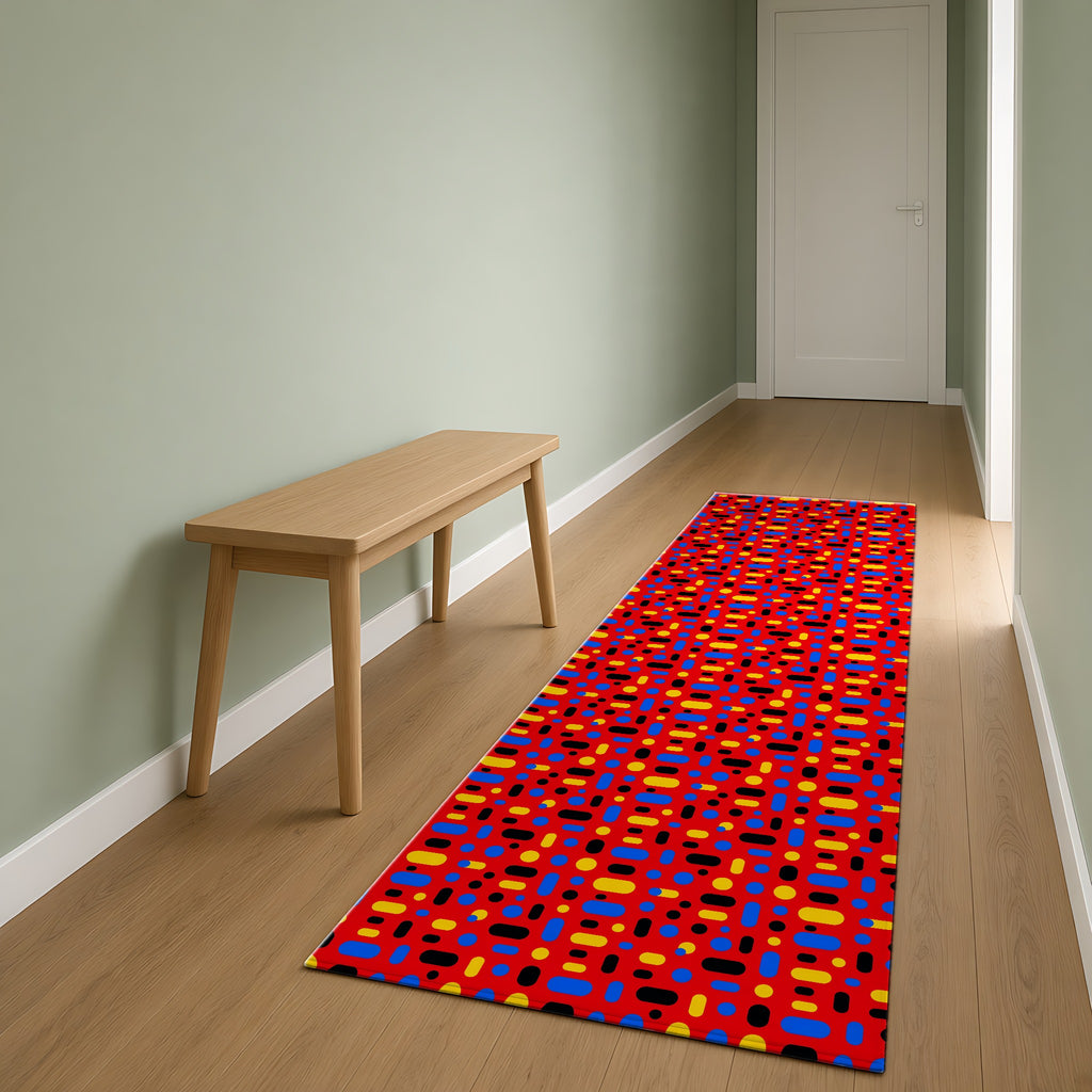 Confetti Dash Red Outdoor Rug as a runner in a sage-green hallway