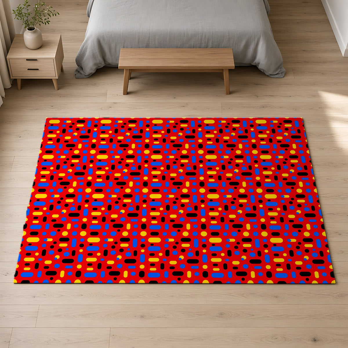 Confetti Dash Red Outdoor Rug on a pale oak floor in a calm bedroom