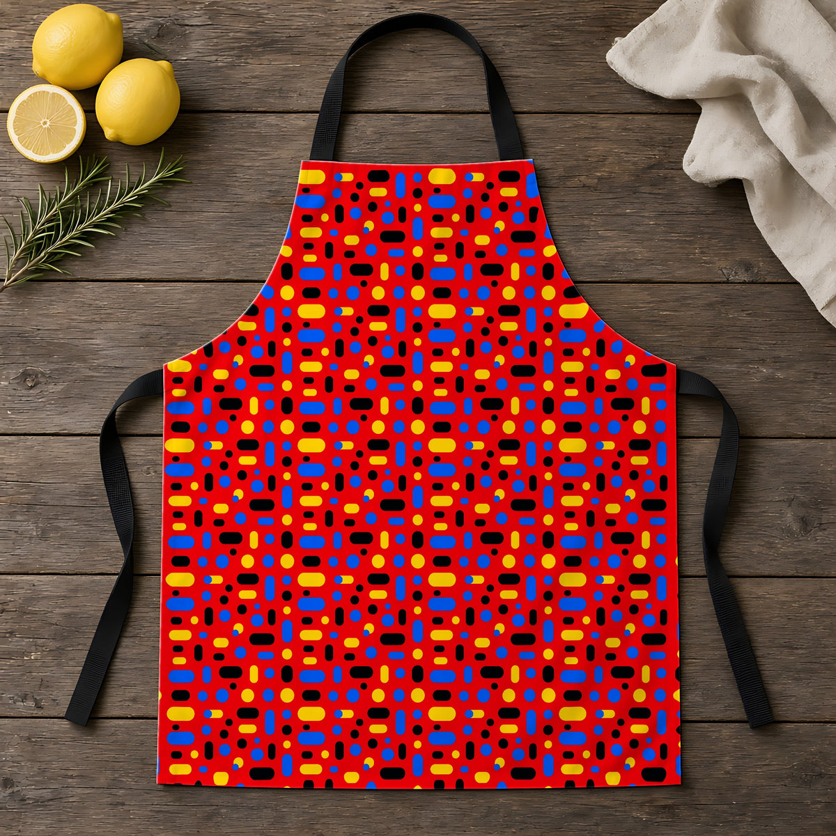 Confetti Dash Red Apron laid flat on a rustic wooden table
