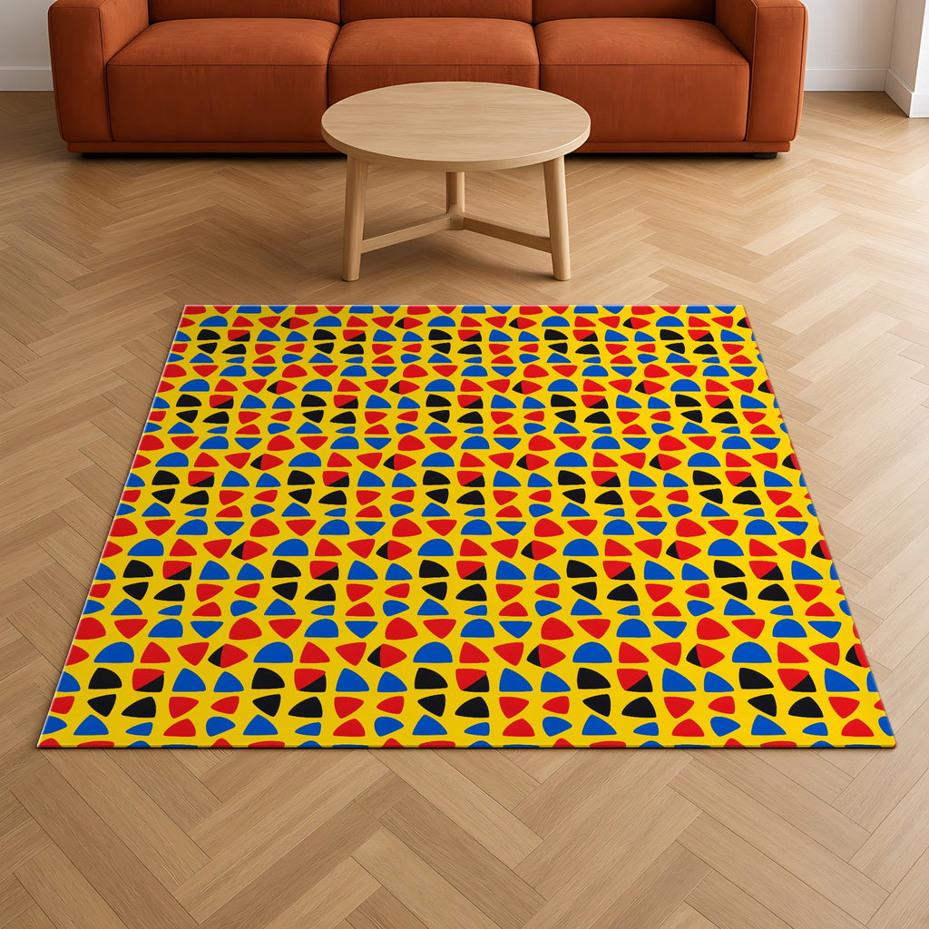 Cut-Out Arcs Yellow Outdoor Rug on a herringbone wood floor in a living room
