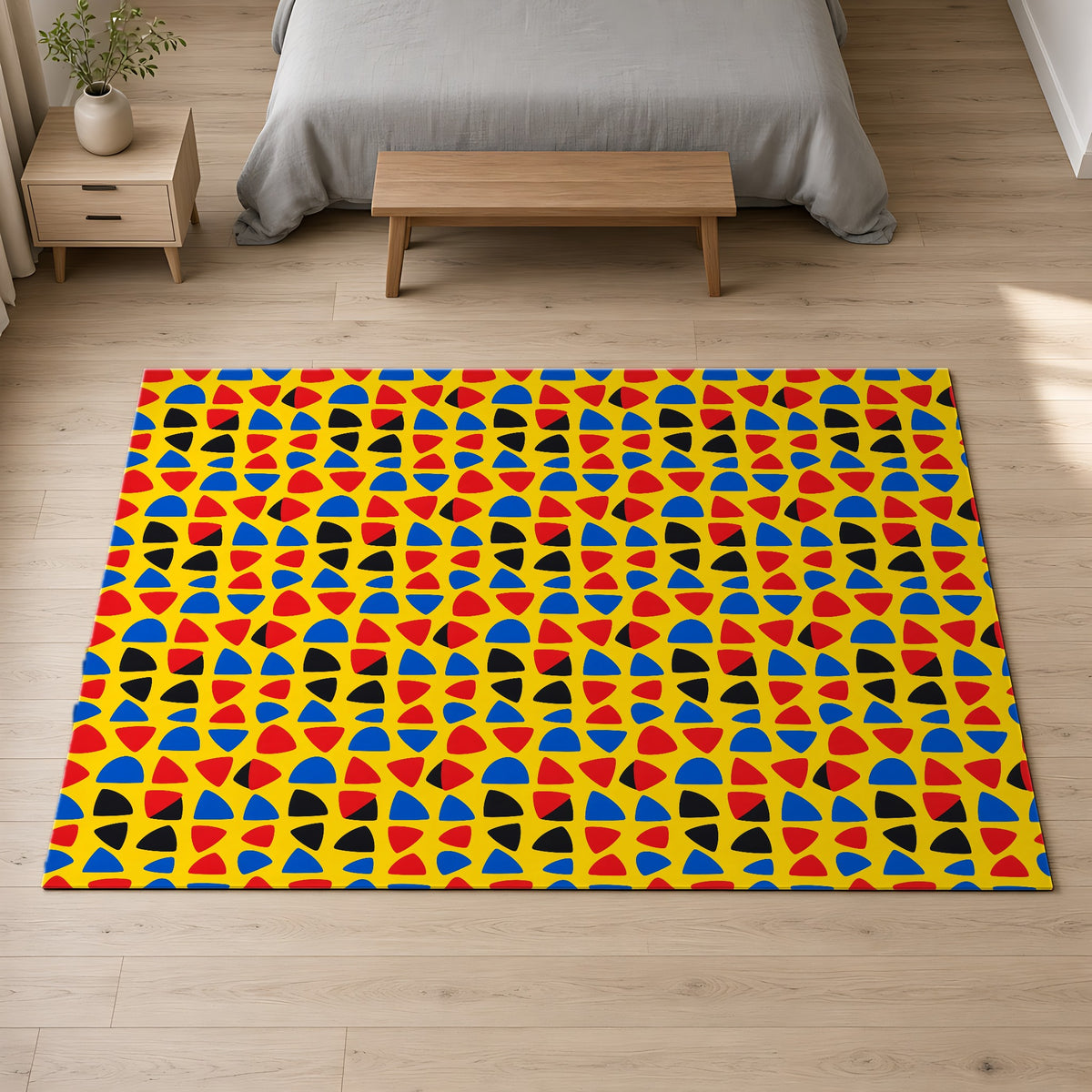 Cut-Out Arcs Yellow Outdoor Rug on a pale oak floor in a calm bedroom