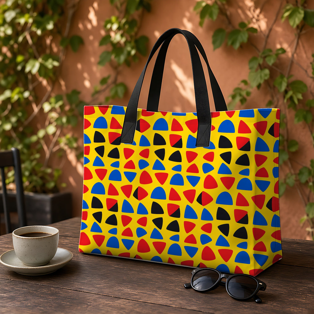 Cut-Out Arcs Yellow Weekender Tote Bag on a garden café table