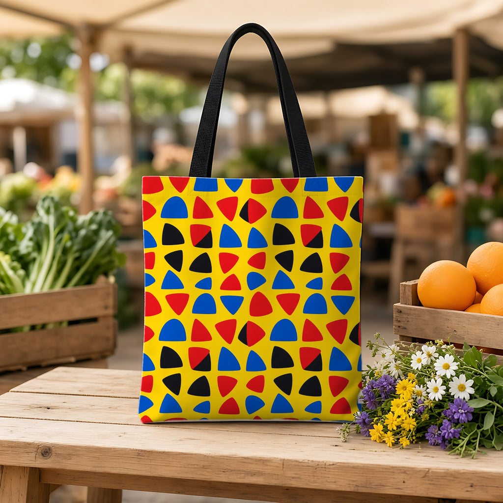 Cut-Out Arcs Yellow Weekender Tote Bag on a wooden bench at a farmers market