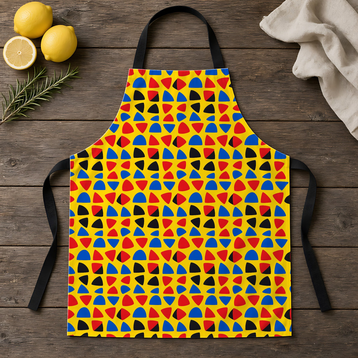 Cut-Out Arcs Yellow Apron laid flat on a rustic wooden table