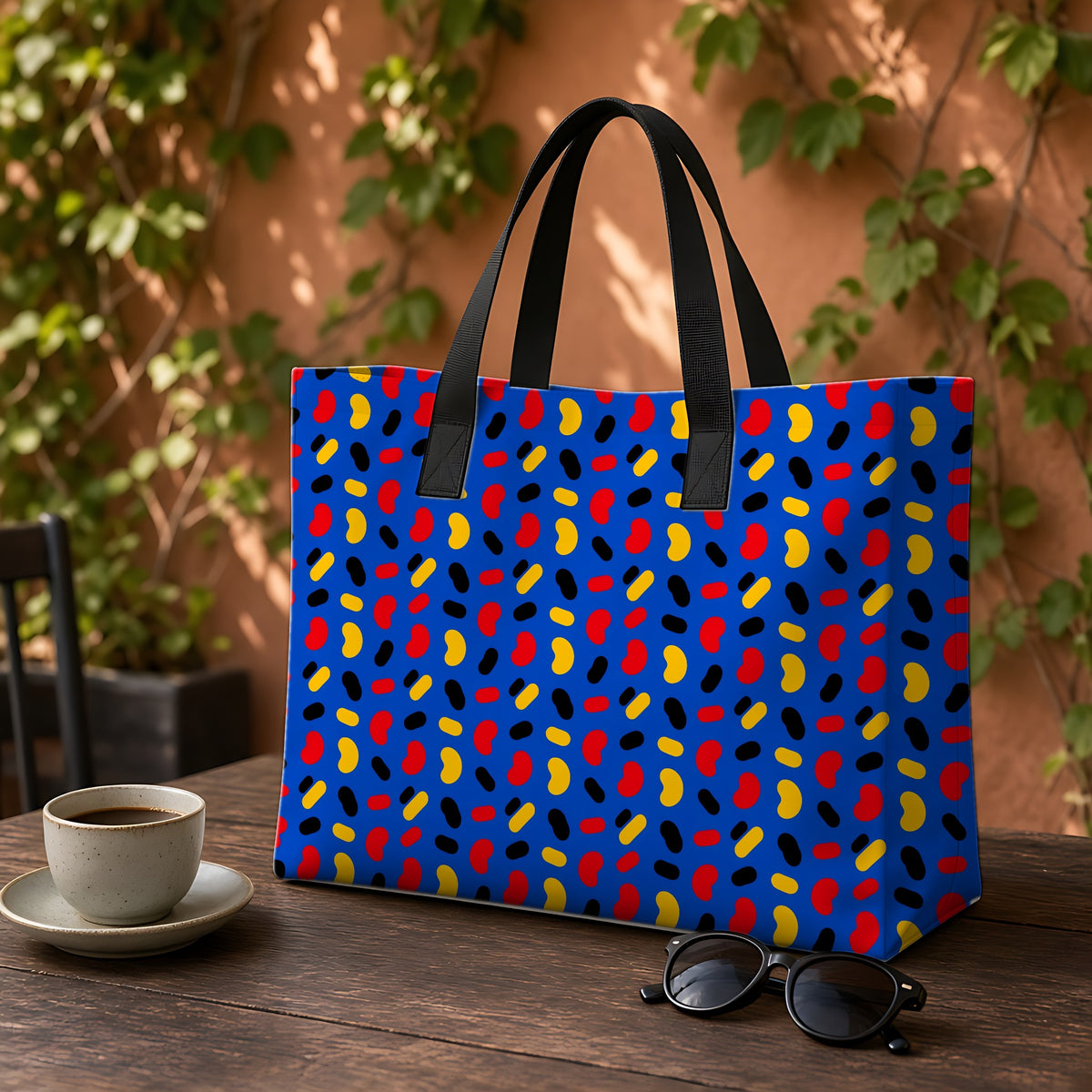 Bean Scatter Blue Weekender Tote Bag on a garden café table