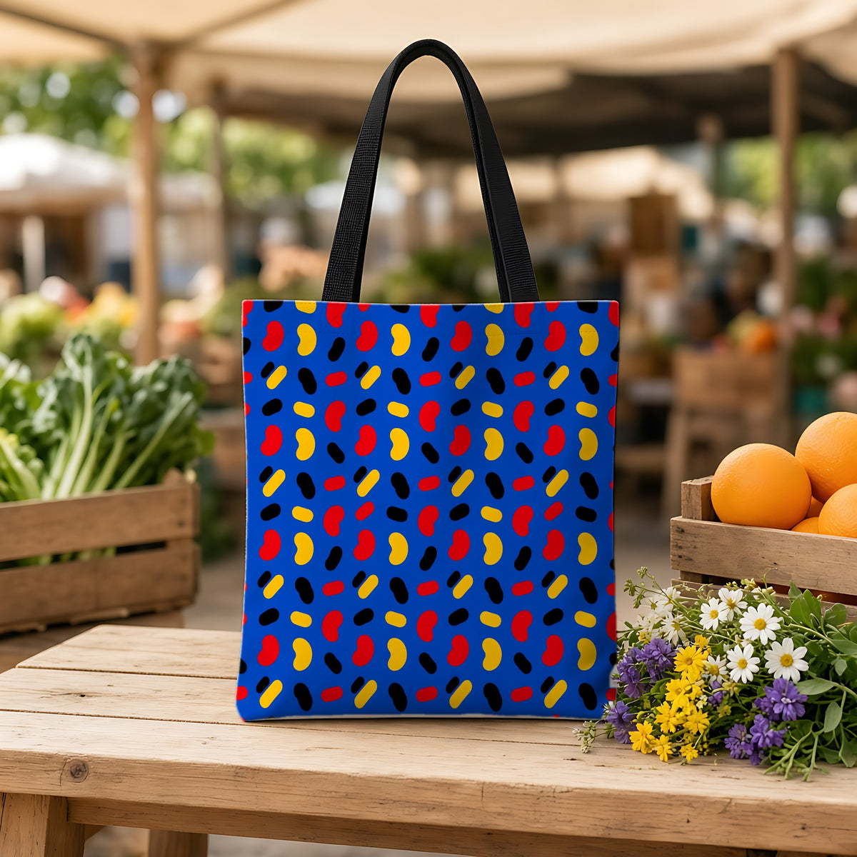 Bean Scatter Blue Weekender Tote Bag on a wooden bench at a farmers market