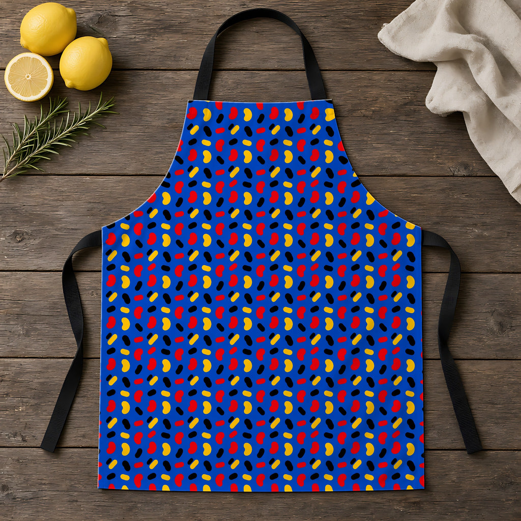 Bean Scatter Blue Apron laid flat on a rustic wooden table