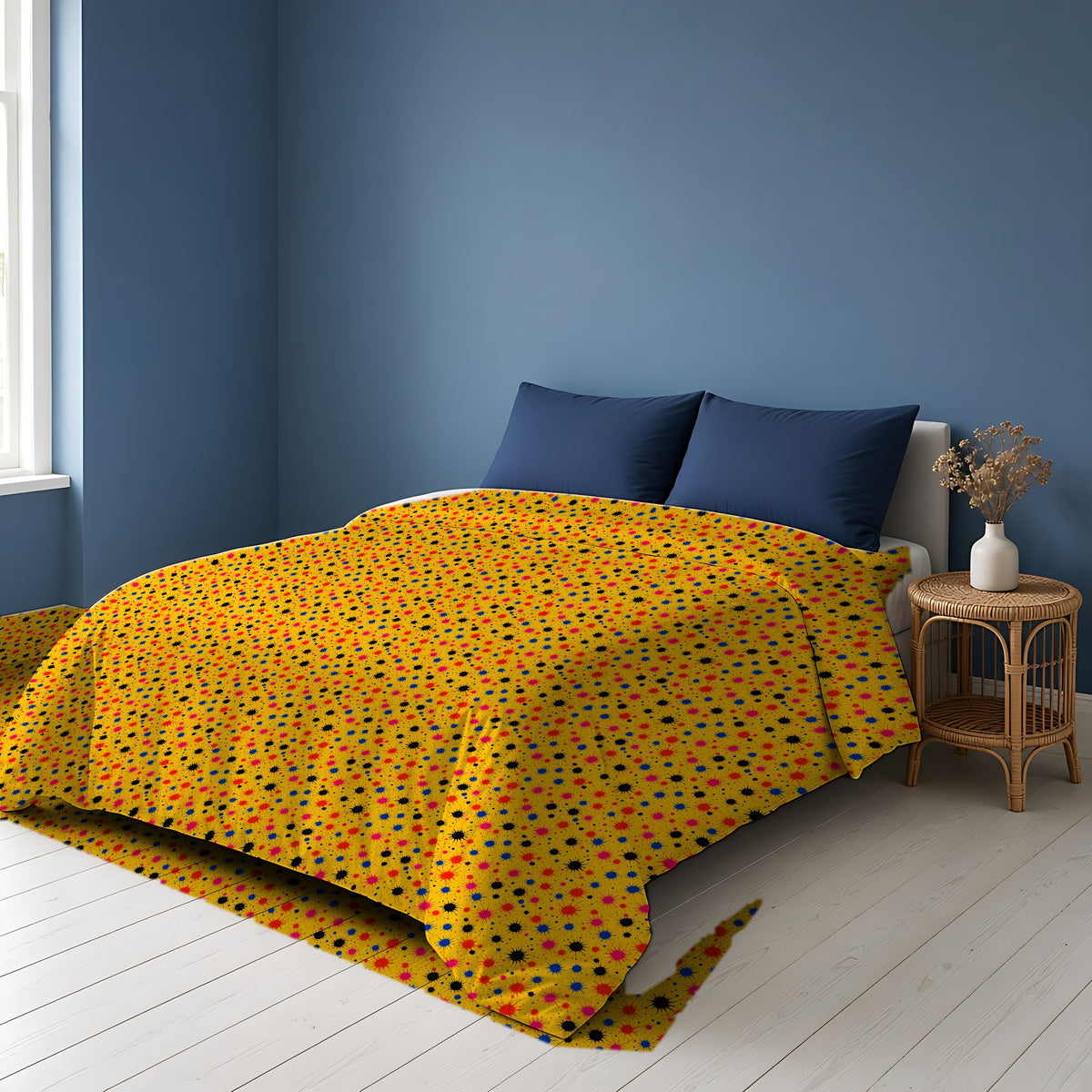 Saffron Splat Storm Cotton Duvet Cover on a bed in a Scandinavian blue bedroom