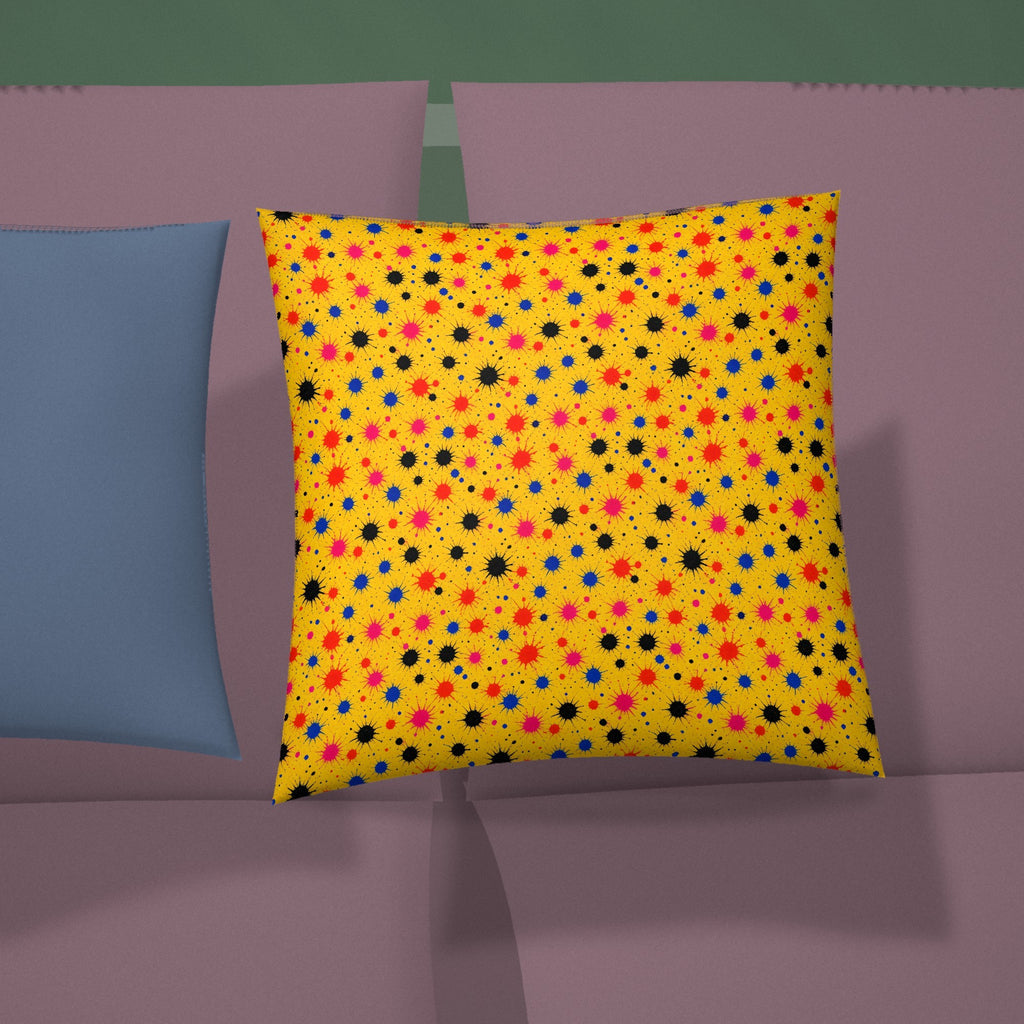 Saffron Splat Storm Faux Suede Cushion styled on a sofa