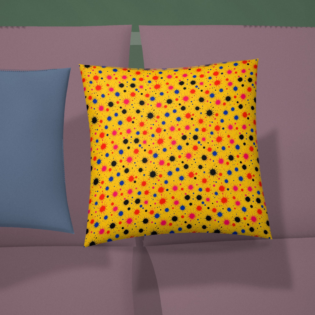 Saffron Splat Storm Faux Suede Cushion styled on a sofa