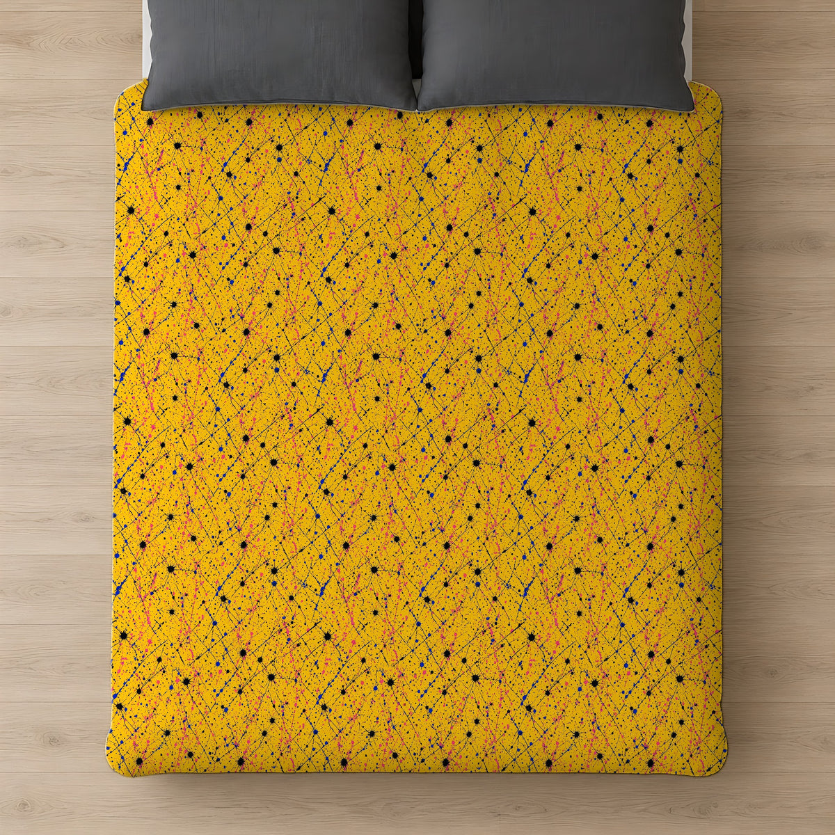 Drip Trails Cotton Duvet Cover on a bed, seen from above