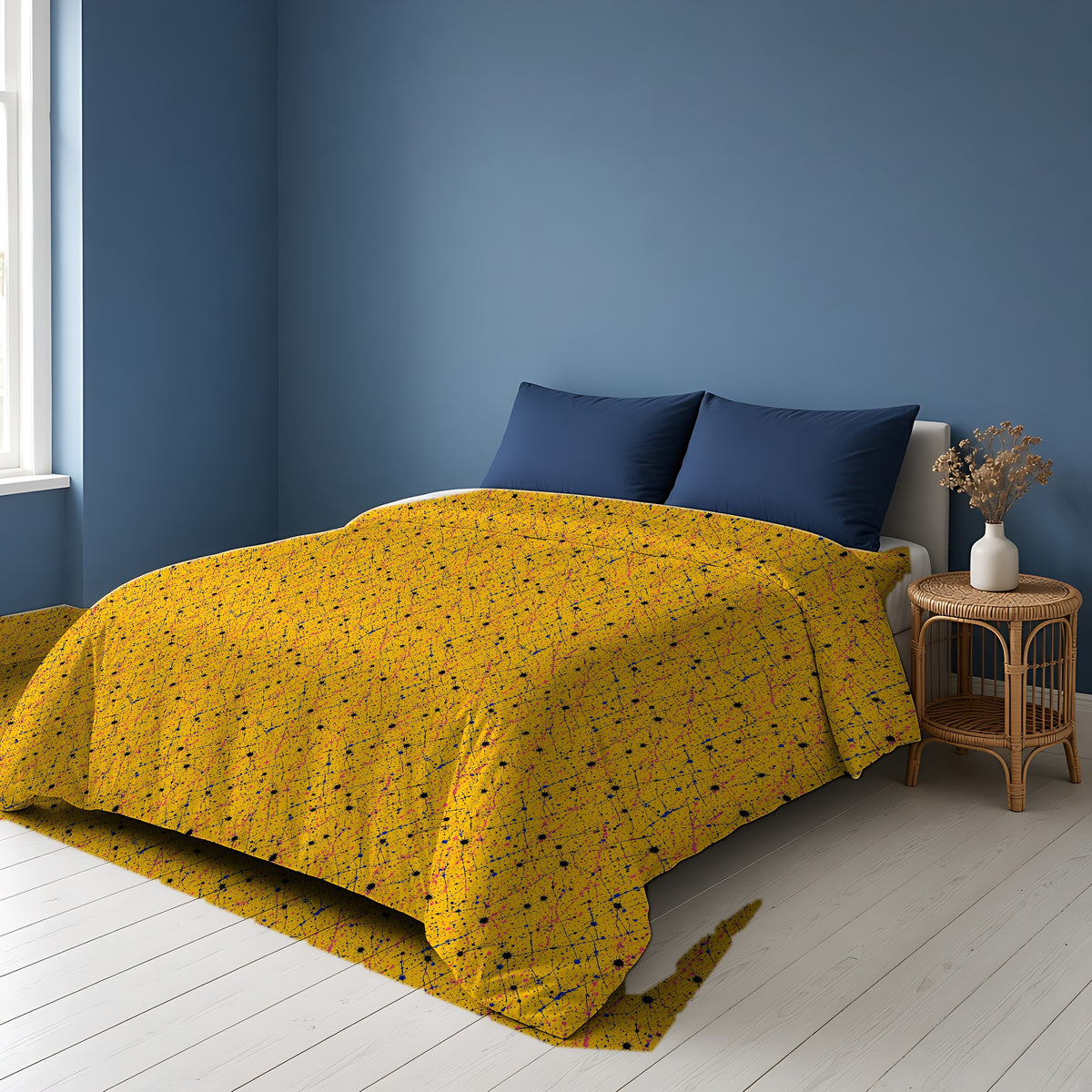 Drip Trails Cotton Duvet Cover on a bed in a Scandinavian blue bedroom
