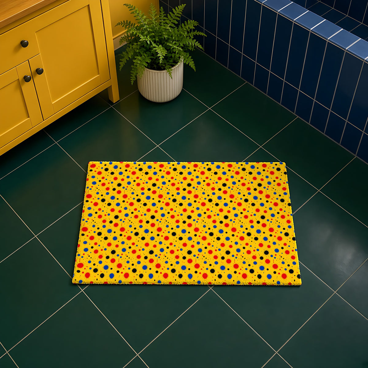 Blot Burst bath mat in the Ink Splash Riot palette, on a dark-green tiled floor by a mustard cabinet