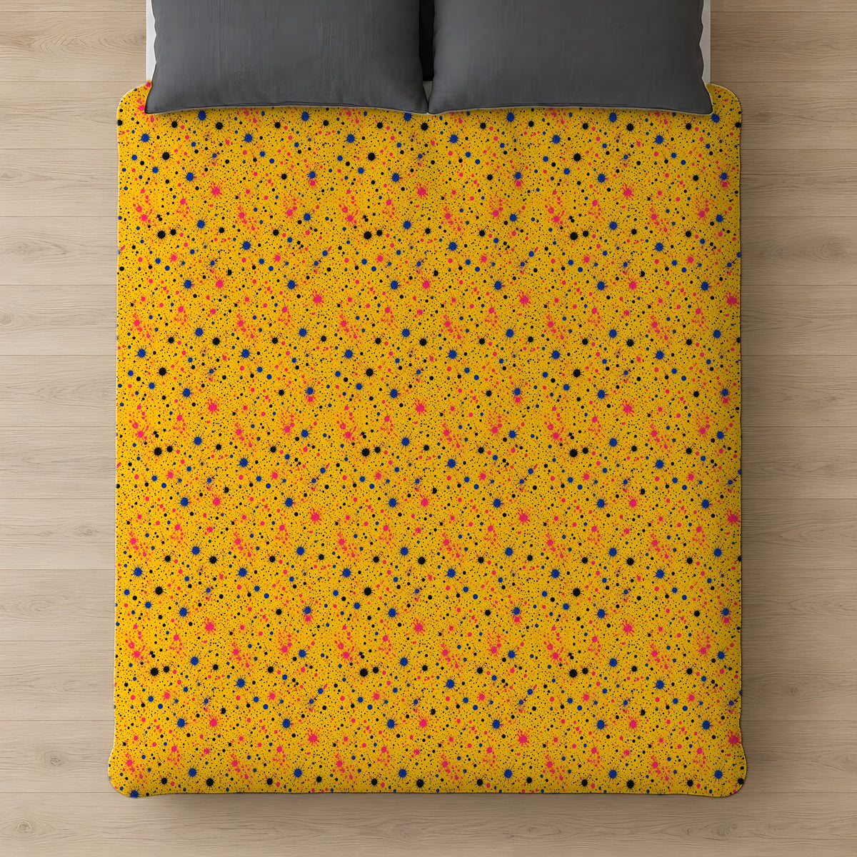 Pink Spray Field Cotton Duvet Cover on a bed, seen from above