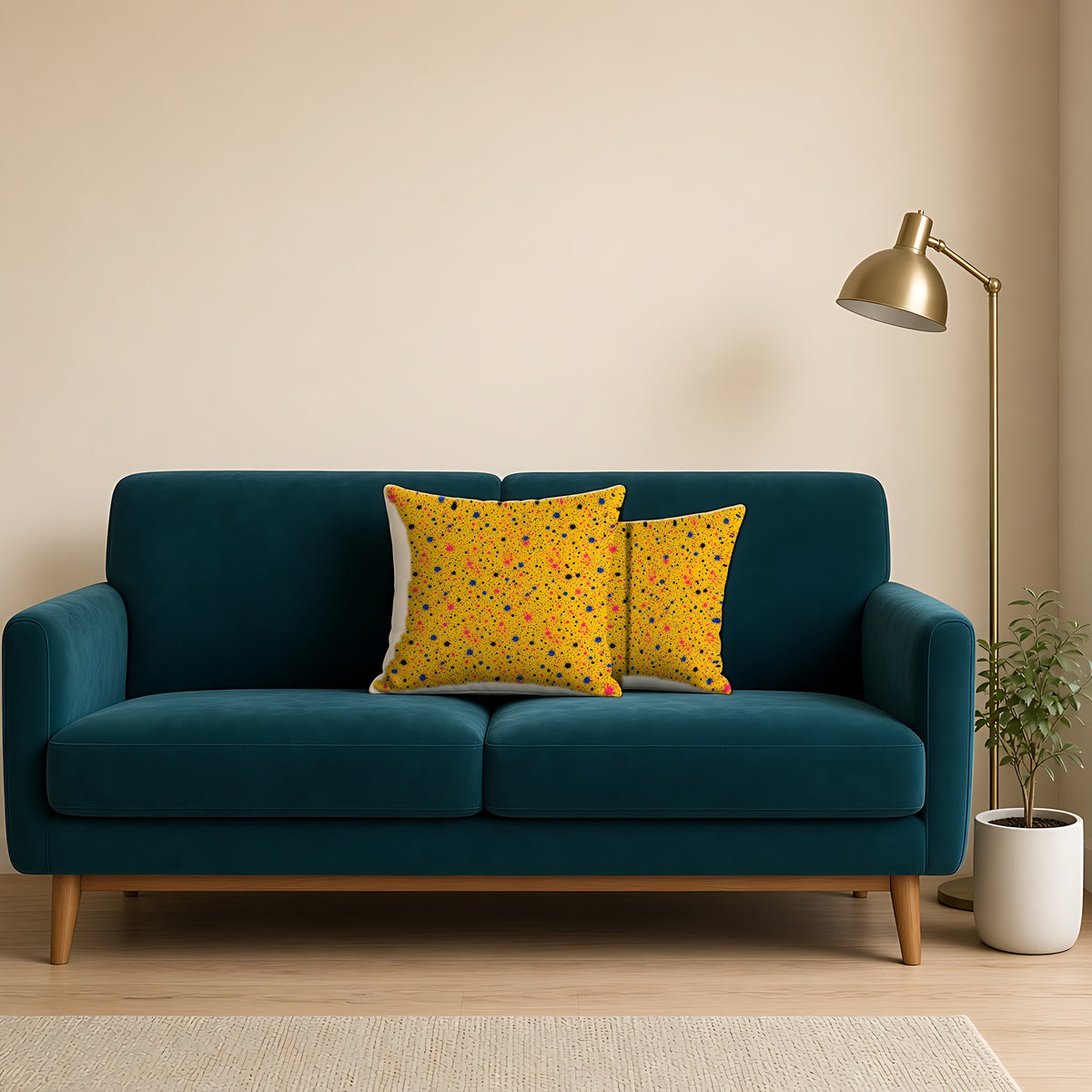 Pink Spray Field Faux Suede Cushion on a teal velvet sofa