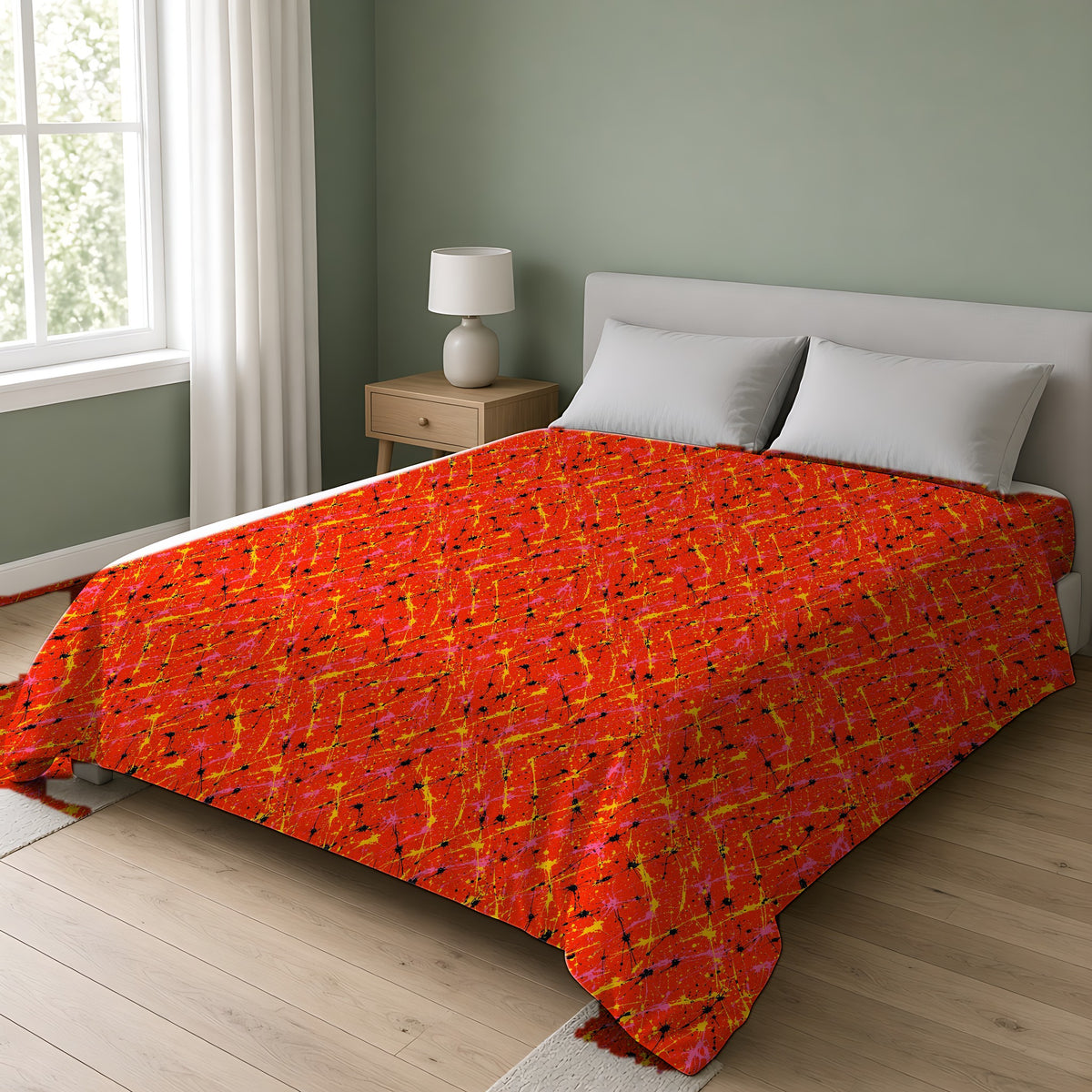 Vermilion Riot Cotton Duvet Cover on a double bed in a bright sage-green bedroom