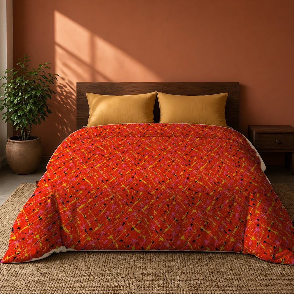 Vermilion Riot Cotton Duvet Cover on a king bed against a warm terracotta wall