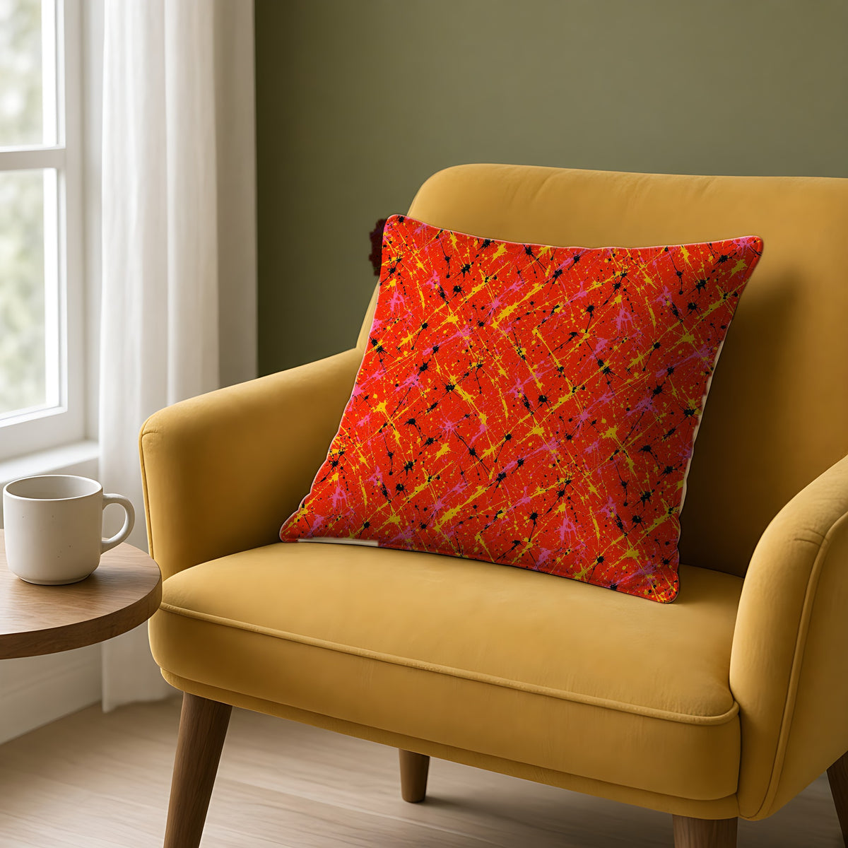 Vermilion Riot Faux Suede Cushion on a mustard armchair by a window