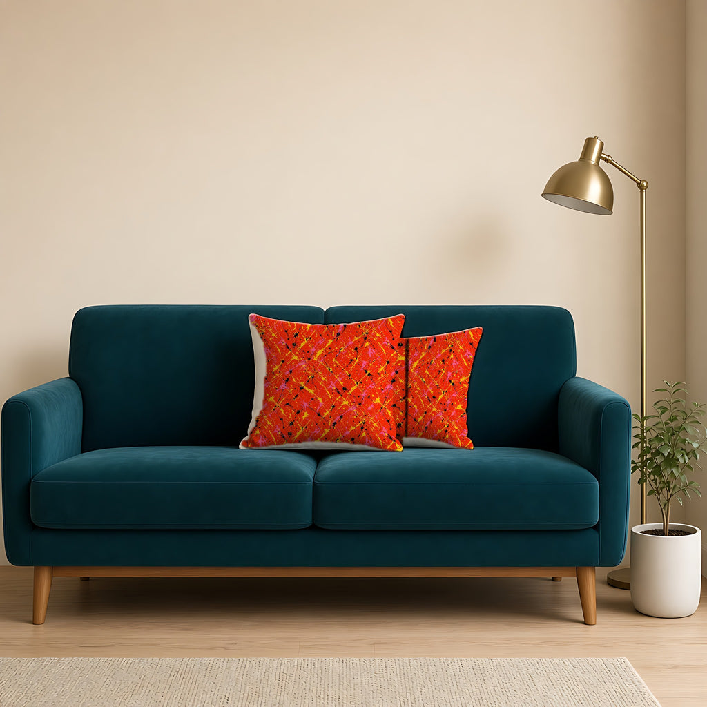 Vermilion Riot Faux Suede Cushion on a teal velvet sofa