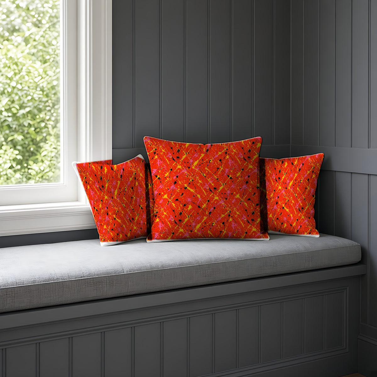 Vermilion Riot Faux Suede Cushion on a window seat