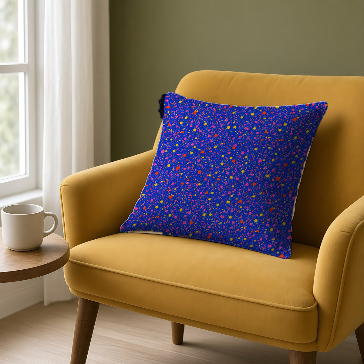 Ultramarine Spatter Faux Suede Cushion on a mustard armchair by a window
