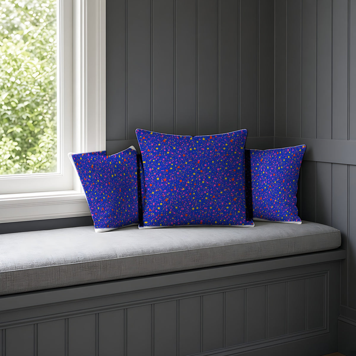 Ultramarine Spatter Faux Suede Cushion on a window seat